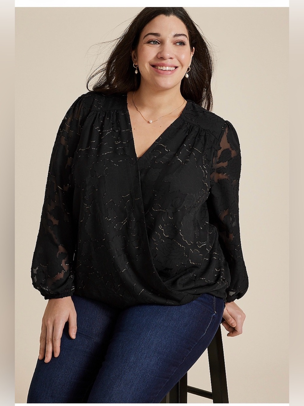 Maurices Black Wrap Blouse with Subtle gold Thread ptp 19 length 24